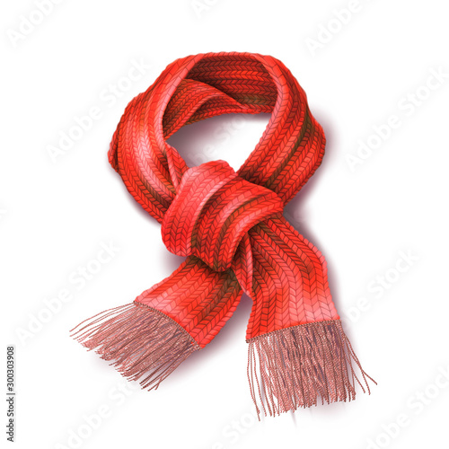 Vector realistic warm winter scarf illustration. 3d christmas, new year holiday symbol, outdoor knitted clothing, tied up accessory. Red wool textured handmade cloth isolated