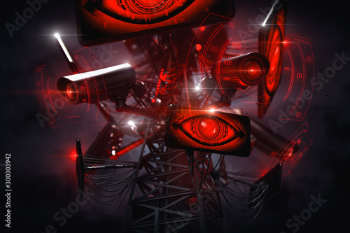 Big Brother's eyes are watching from the tower with many cctv cameras. Constant surveillance and data gathering by Artificial Intelligence. Social credit system concept. 3D rendering