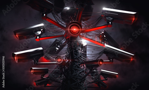 Tower or pylon with many cctv cameras attached to it, scanning nearby surroundings. Future with constant surveillance and social credit system concept. 3D rendering