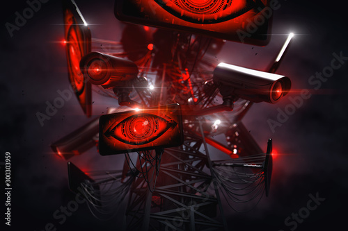 Big Brother's eyes are watching from the tower with many cctv cameras. Constant surveillance and data gathering by Artificial Intelligence. Social credit system concept. 3D rendering