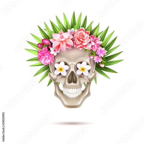 Vector dia de los muertos holiday poster with realistic skull with rose flowers, leaves wreath on head. Day of dead mexican traditional holiday like halloween. Festival spooky object