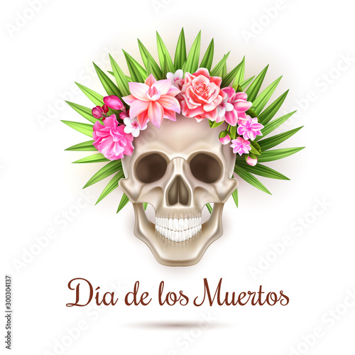 Vector dia de los muertos holiday poster with realistic skull with rose flowers, leaves wreath on head. Day of dead mexican traditional holiday like halloween. Festival spooky object