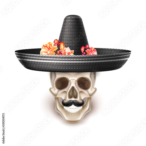 Vector dia de los muertos holiday poster with realistic skull with mustache in sombrero hat with rose flowers . Day of dead mexican traditional holiday like halloween. Festival spooky object