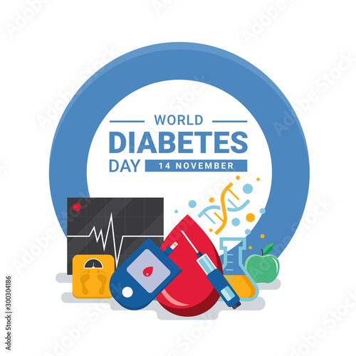 world diabetes day banner with drop Blood , DNA sign ,Glucose testing , heart wave apple and Scales in blue circle ring vector design