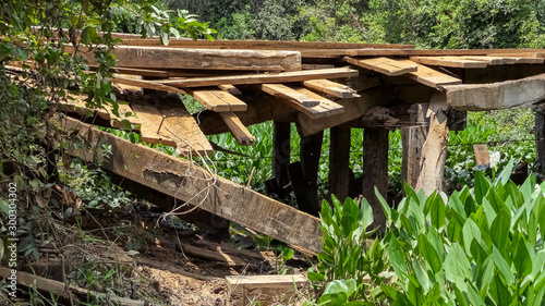 Transpantaneira - typical run-down wooden bridge crossing a river in the Pantanal Wetlands, Mato Grosso, Brazil