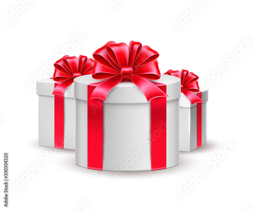 Vector christmas, new year or birthday holiday present boxes, gifts with bright wrapping, silk red ribbon bows. Xmas surprise realistic element, or seasonal sale, discounts design symbol