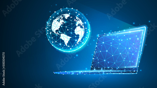 Planet Earth on laptop screen. Global World, networking concept. Abstract, digital wireframe, low poly mesh, polygonal vector blue neon 3d illustration with connected dots and lines