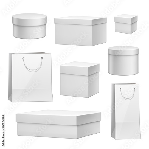 Vector white cardboard packaging mockup for birthday, anniversary new year, merry christmas or valentines day holiday presents, gifts and paper shopping bags. Realistic seasonal sale, discount element