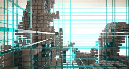 Abstract architectural wood and glass interior from an array of cubes with large windows. 3D illustration and rendering.