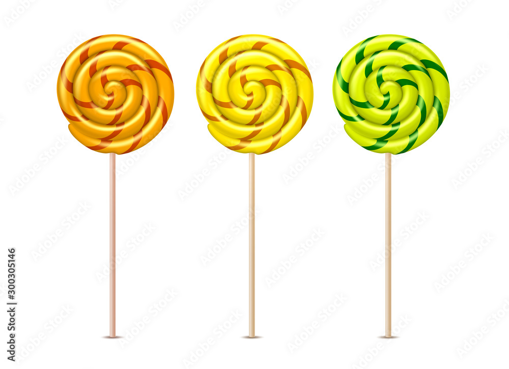 Vector swirl lollipops, spiral sucker candy set
