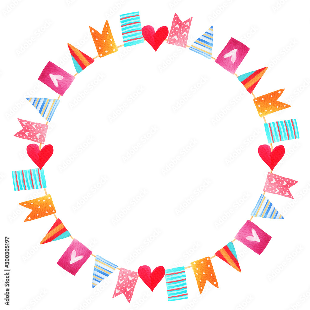 Obraz premium Watercolor holiday baby shower frame. Flags, hearts