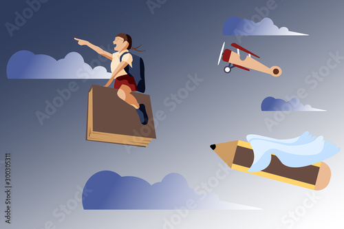 Cartoon character happy pupil or student, excited face on huge book flying in sky, back to school fantasy concept. © SafwanAbdRahman