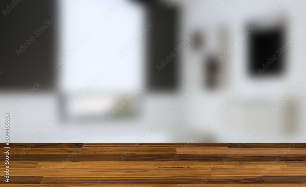 Empty interior with large window. Retro light bulb. The floor is of brown parquet. 3D rendering. wooden table. blurred background Empty interior with large window. Retro light bulb. The floor is of brown parquet. 3D rendering. wooden table. blurred background