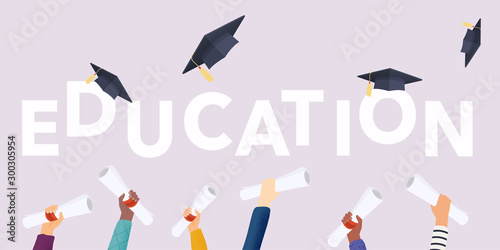 Education. Graduating students of pupil hands in gown throwing graduation caps. Hands holding diploma graduation. Flat design modern vector illustration concept.