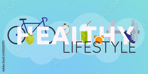 Concept of healthy lifestyle infographics. Icons for web: fitness, food and metrics. Flat design vector illustration.