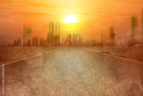 Heatwave on the city with the glowing sun background