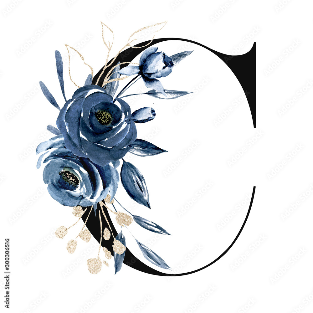 Premium Photo  Floral letter c monogram blue watercolor flowers