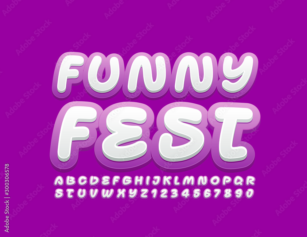 Vector bright logo Funny Fest. White and Violet Font. Creative Alphabet set. Vector bright logo Funny Fest. White and Violet Font. Creative Alphabet set.