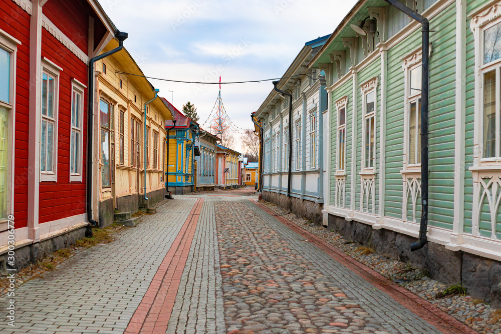 The colorful Old City of Rauma, Finland is a UNESCO World Heritage Site and an excellent example of an old Nordic city constructed of wood.
