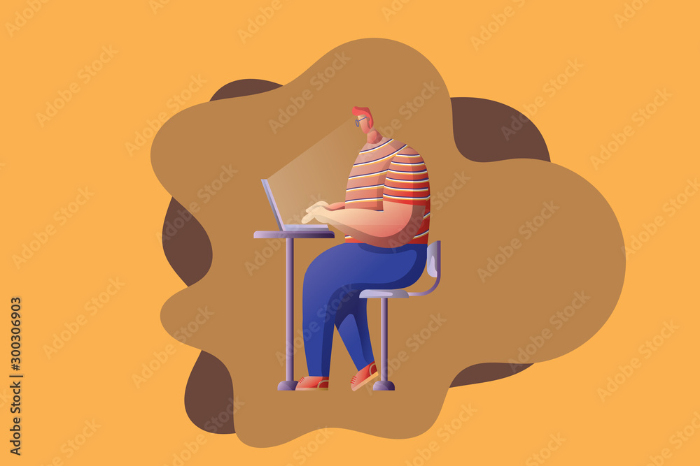 Illustration vector, funny cartoon character sitting, doing work, homework,  writing, drawing, designing or study in a room, workspace, workstation,  workplace or office. Stock Vector | Adobe Stock