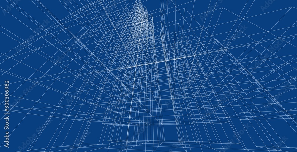 Abstract geometric architectural background, 3D Illustration, Modern architecture wireframe.