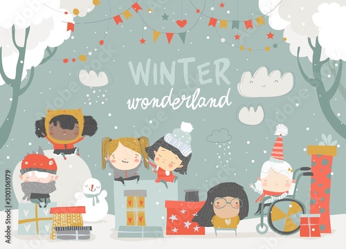 Cartoon different children enjoying winter. Hello snow