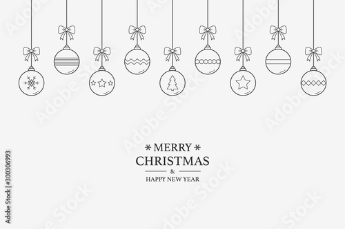 Xmas background with hanging balls and greetings. Christmas decorations. Vector