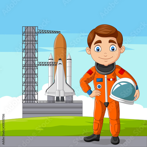 Cartoon astronaut holding helmet with spaceship ready to launch