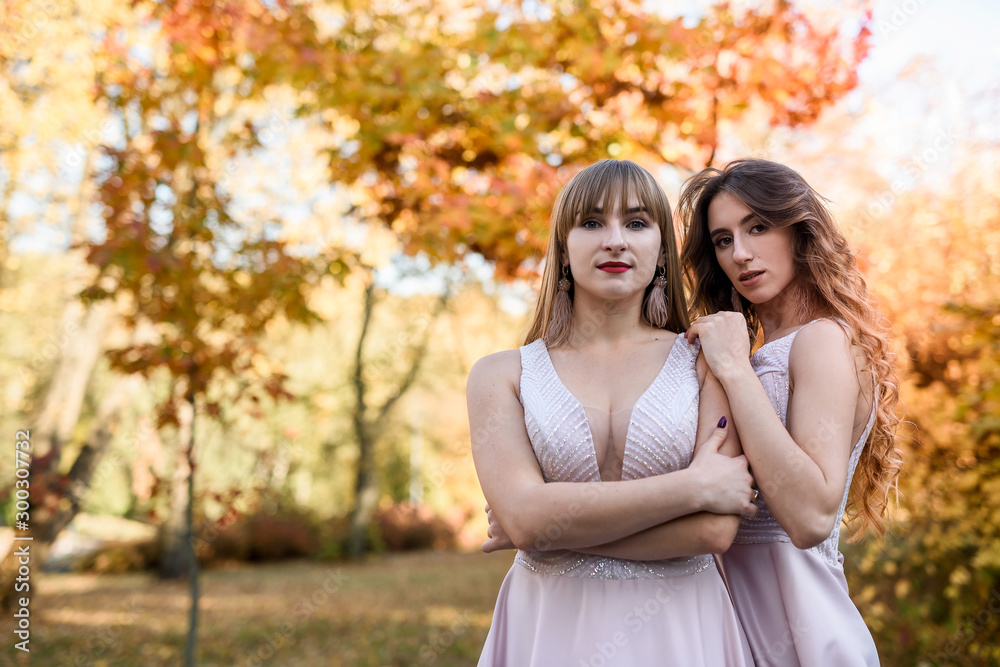 Fototapeta premium Two young princess wearing nice beige dress in autumn park. Fashion photo.