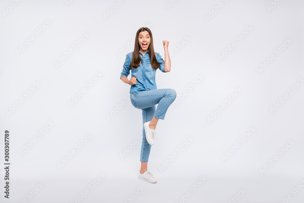 Full length body size view of her she nice attractive lovely pretty glad cheerful cheery positive satisfied girl rejoicing celebrating attainment isolated over light white color background Full length body size view of her she nice attractive lovely pretty glad cheerful cheery positive satisfied girl rejoicing celebrating attainment isolated over light white color background