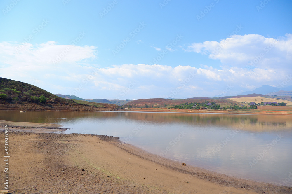 Beautiful to look at but the water shortage is obvious at this dam in Winterton, Kwazulu Natal, South Africa