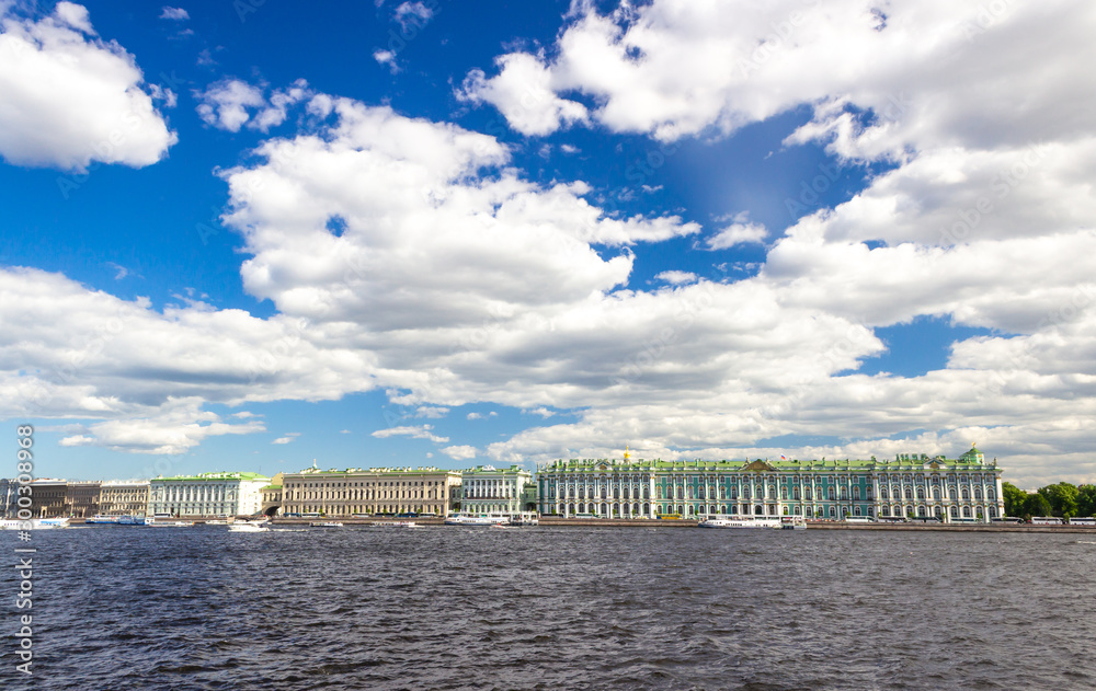 View of the winter Palace (Hermitage) from the Neva river. Saint-Petersburg, Russia.