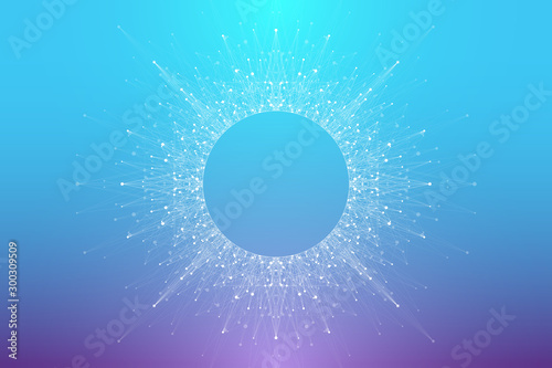 Expansion of life. Colorful explosion background with connected line and dots, wave flow. Visualization Quantum technology. Abstract graphic background explosion, motion burst, vector illustration.