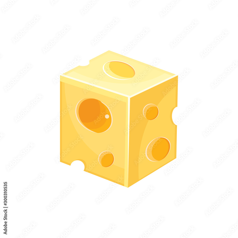 Square pieces of cheese in vector. Cartoon illustration of healthy dairy products. Icon of cheese isolated on a white background. Flat yellow milk food symbol for web site design, mobile app.