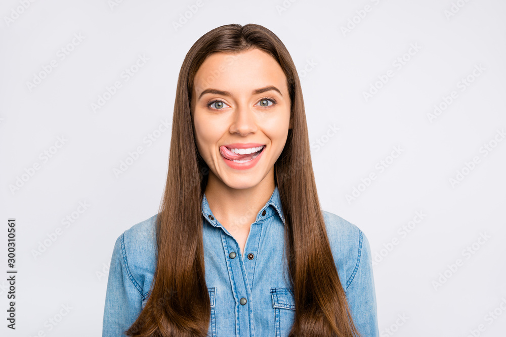 Portrait of positive cheerful funky man lick her lips want tasty meal ice-cream on summer holidays wear casual style clothing isolated over white color background Portrait of positive cheerful funky man lick her lips want tasty meal ice-cream on summer holidays wear casual style clothing isolated over white color background