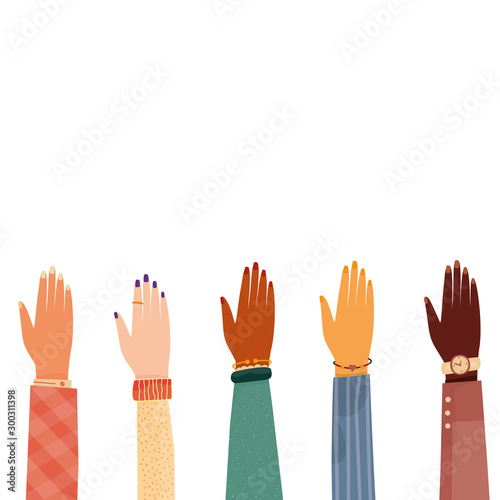 Modern vector illustration of raised human hands Multinational and different sexual orientation people. Concept of volunteering and voting.