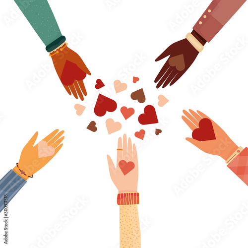 Modern vector illustration of charity and donation. Hands with a heart symbol. for social activity. International people give hearts and love.