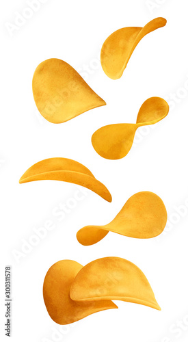 Flying potato chips. Realistic vector illustration isolated on white background.