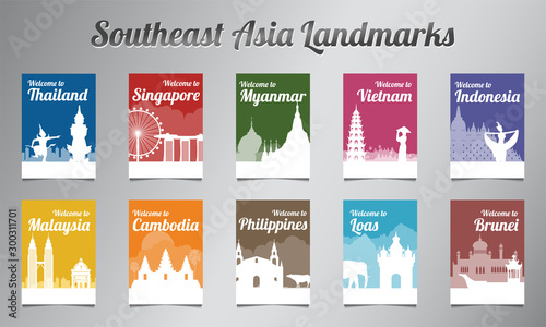ASEAN famous landmark in silhouette design with multi color style brochure set,vector illustration
