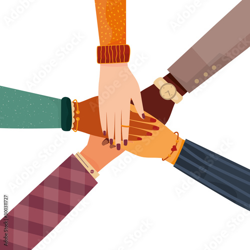 Modern vector illustration of international team building. Concept of team work. Multinational and different sexual orientation people. Business partners with stack of hands photo