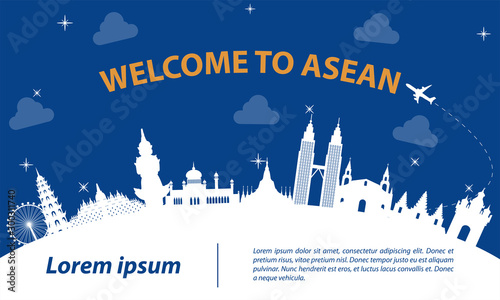 famous landmark of ASEAN,travel destination,silhouette design with white  and dark blue color,vector illustration