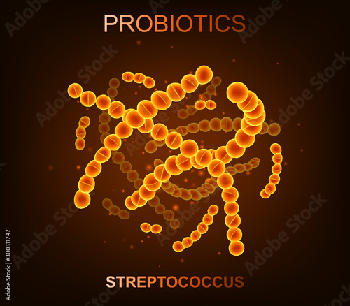 Probiotic bacteria. Good microorganisms concept isolated on black background. Vector realistic streptococcus