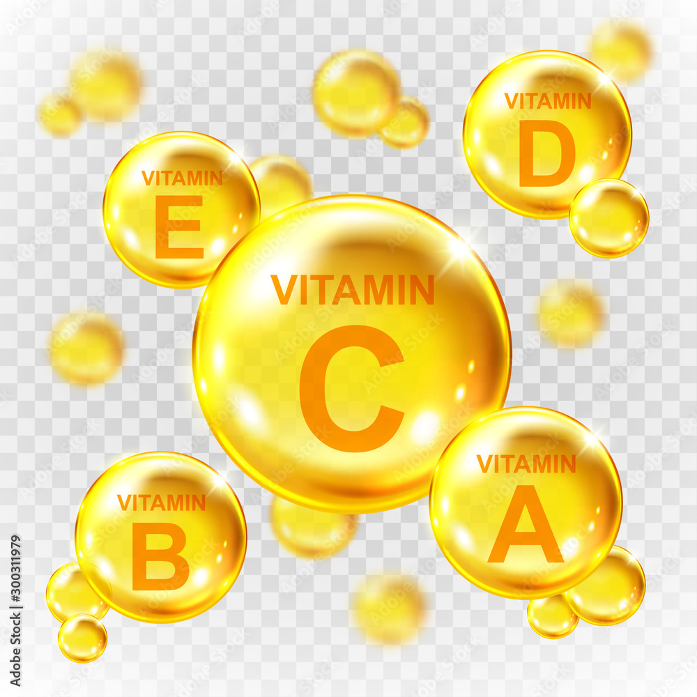 Vector realistic vitamin golden capsules. Nutrition supplement multivitamin complex. Golden round capsules isolated on transparent background. - obrazy, fototapety, plakaty 