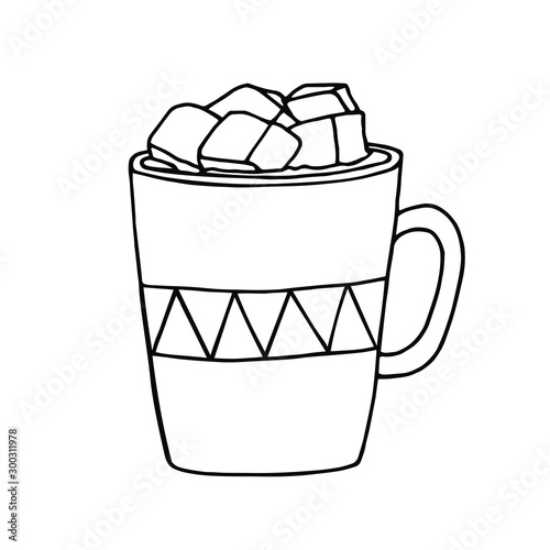 Single hand draw christmas cup of cocoa with marshmallows. Vector illustration for greeting cards, stickers, posters and icon design. Hugge style.