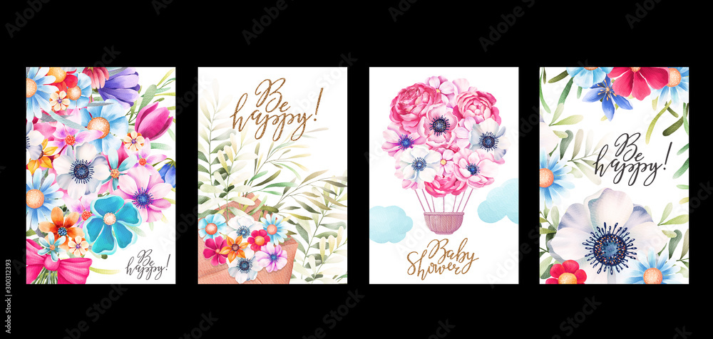 Watercolor holiday cards set. Hot air balloon, flowers, leaves, lettering