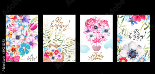 Watercolor holiday cards set. Hot air balloon, flowers, leaves, lettering