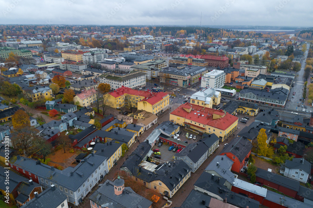 Aerial view of the central part of modern Porvoo on a cloudy October day