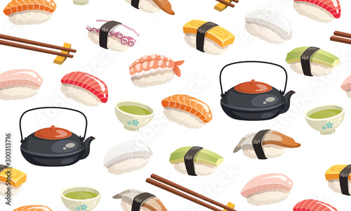 sushi seamless pattern. Colorful pattern with different nigiri sushi, tea and chopsticks.