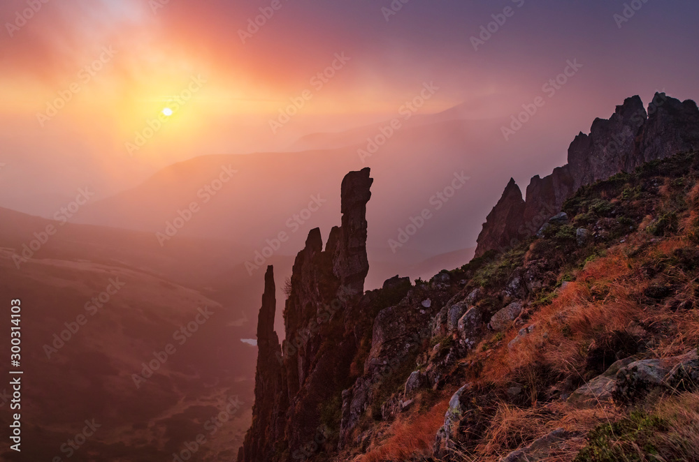 Colorful sunrise high in the Carpathian mountains