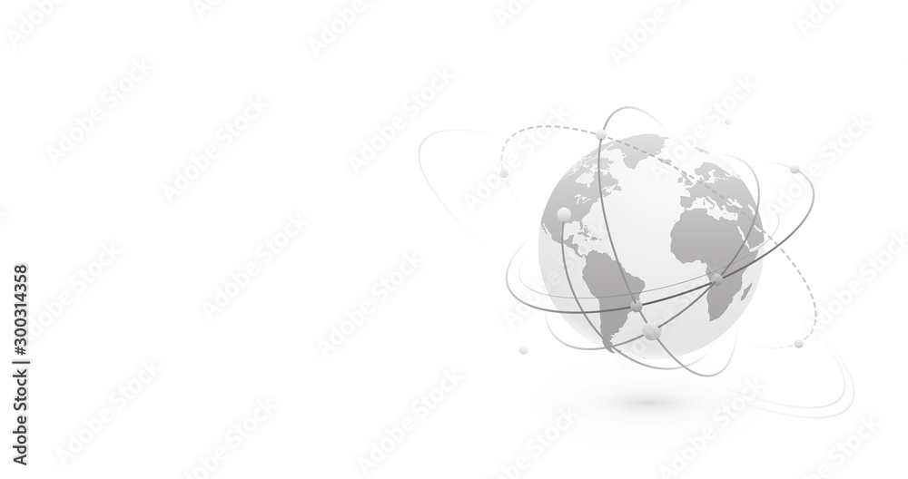 Global network world concept vector banner background with copy space at left side. Technology globe with continents map and connection lines, dots and point. Digital data planet design in flat style Global network world concept vector banner background with copy space at left side. Technology globe with continents map and connection lines, dots and point. Digital data planet design in flat style